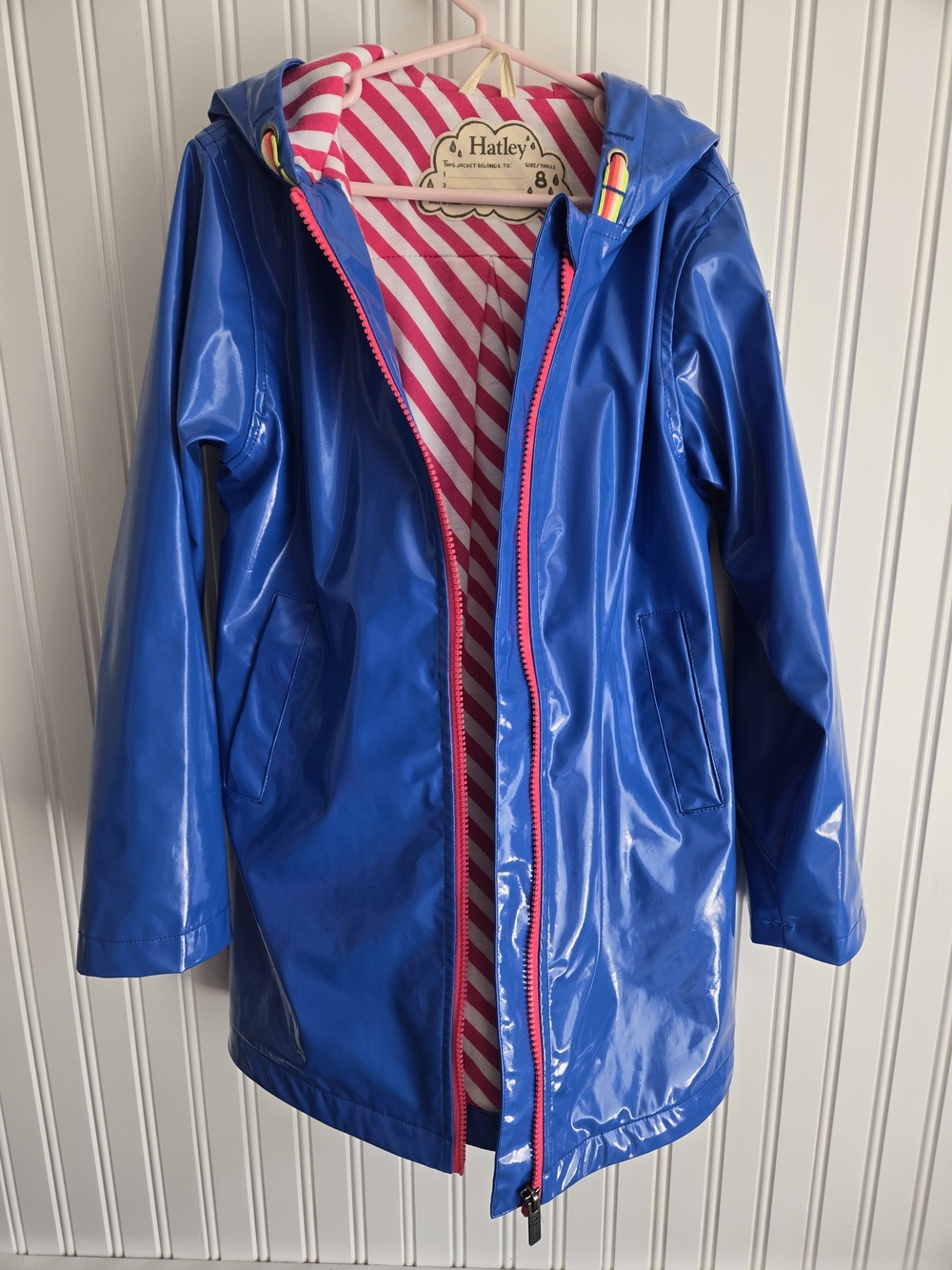 Hatley Kids' Blue Hooded Raincoat with Pink Stripe Lining